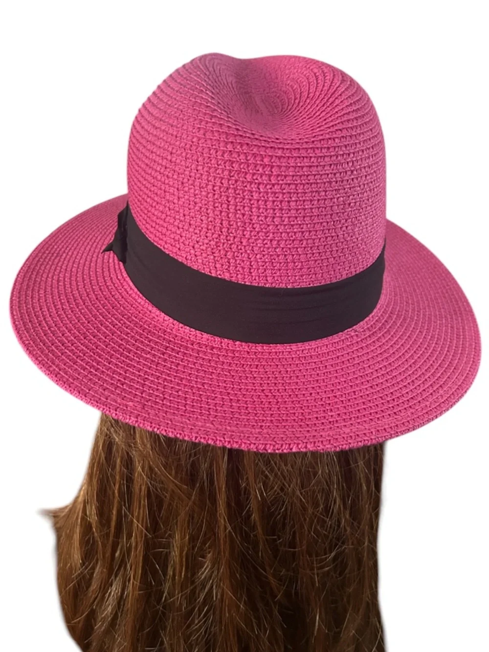 Vintage Hot Pink Wide Brim Straw Fedora with Black Band - Picture 5 of 7